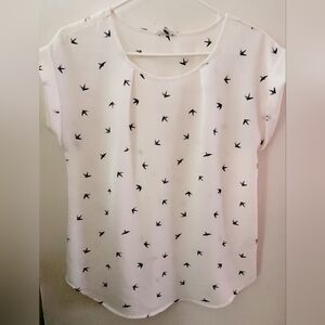 Ardene White Blouse with Navy Bird Pattern